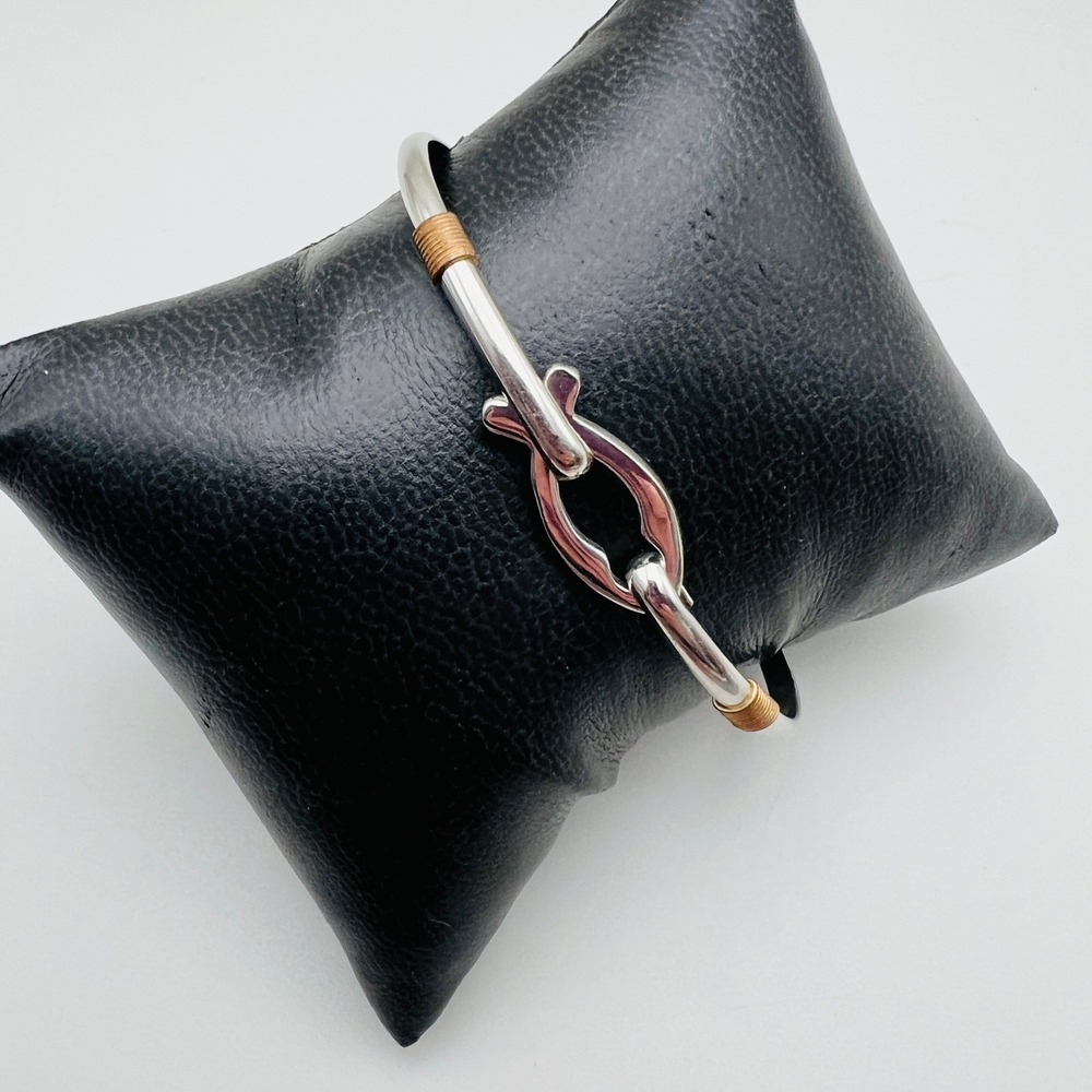 Vintage Hook Clasp Bangle Bracelet Mixed Metal Fish Clasp Modern Minimalist